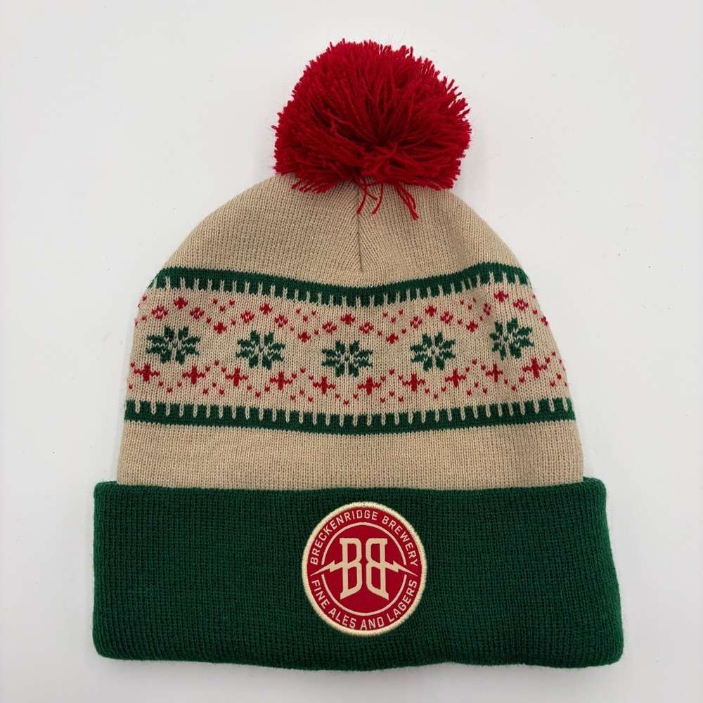 Breckenridge Brewery Christmas Ale Beanie Hat Fair Isle Pom Pom Tan Green Red